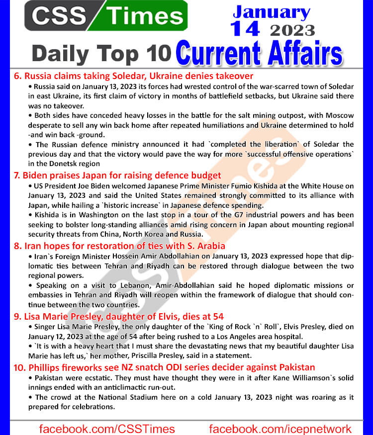 Daily Top-10 Current Affairs MCQs / News (Jan 14 2023) for CSS