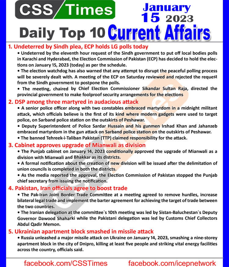 Daily Top-10 Current Affairs MCQs / News (Jan 15 2023) for CSS