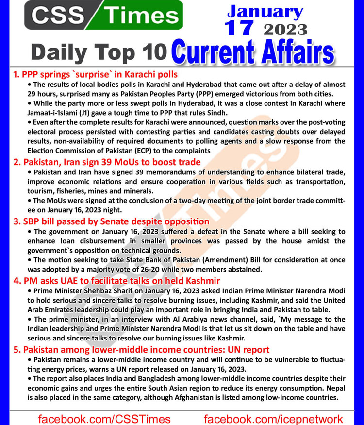 Daily Top-10 Current Affairs MCQs / News (Jan 17 2023) for CSS