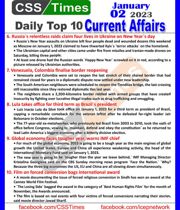 Daily Top-10 Current Affairs MCQs / News (Jan 01 2023) for CSS