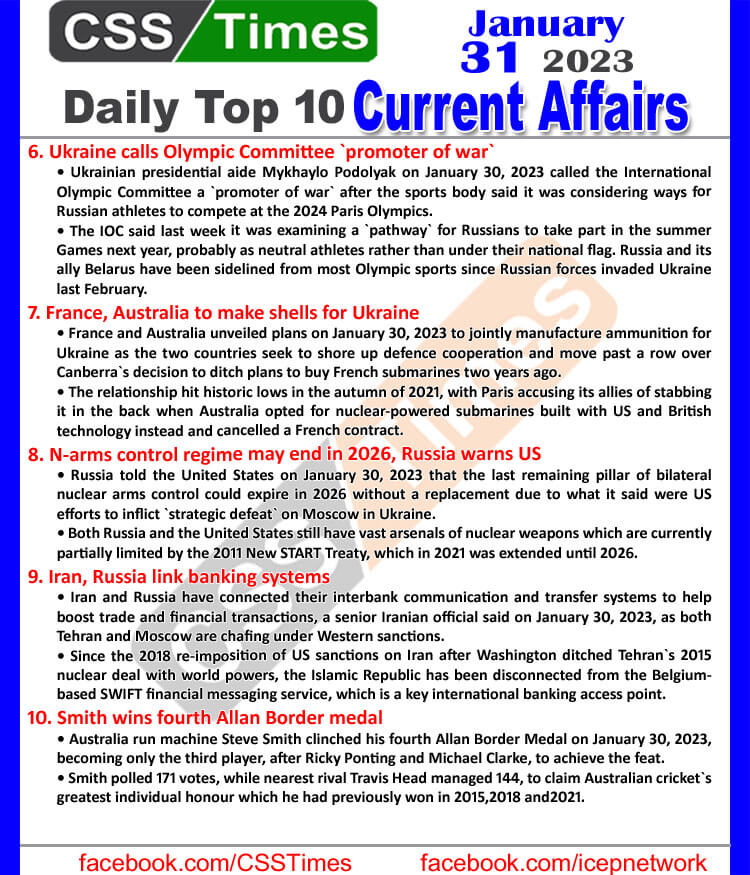 Daily Top-10 Current Affairs MCQs / News (Jan 31 2023) for CSS