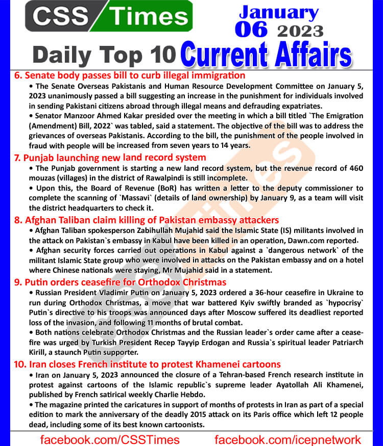 Daily Top-10 Current Affairs MCQs / News (Jan 06 2023) for CSS