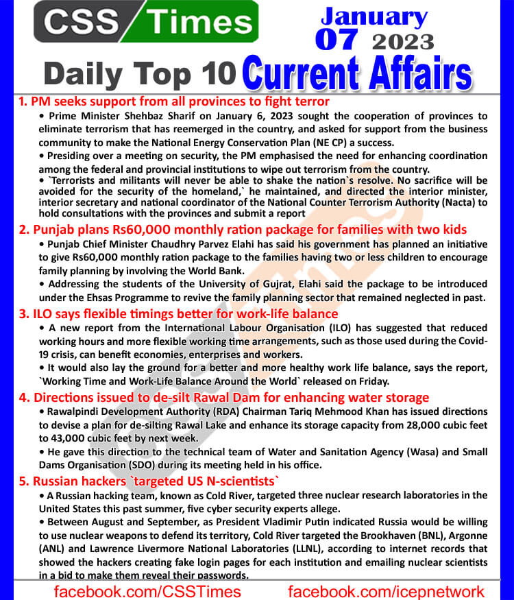 Daily Top-10 Current Affairs MCQs / News (Jan 07 2023) for CSS