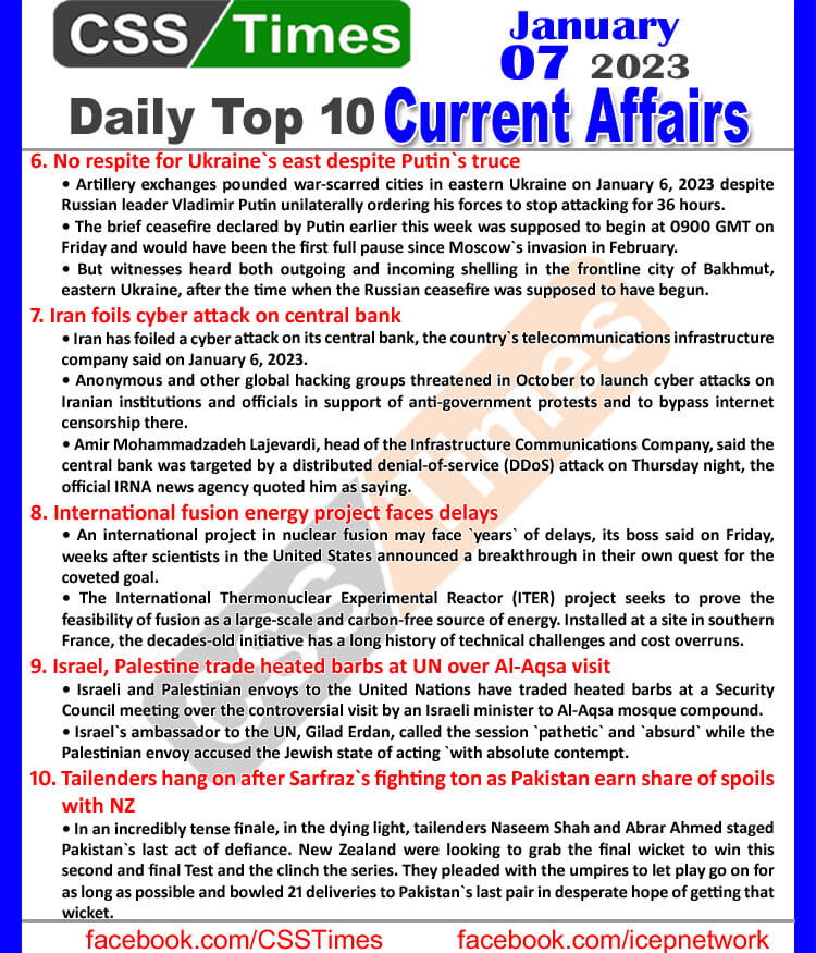 Daily Top-10 Current Affairs MCQs / News (Jan 07 2023) for CSS