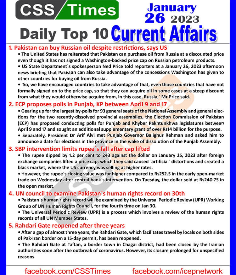 Daily Top-10 Current Affairs MCQs / News (Jan 26 2023) for CSS
