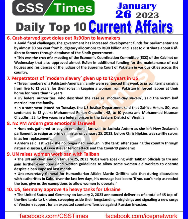 Daily Top-10 Current Affairs MCQs / News (Jan 26 2023) for CSS