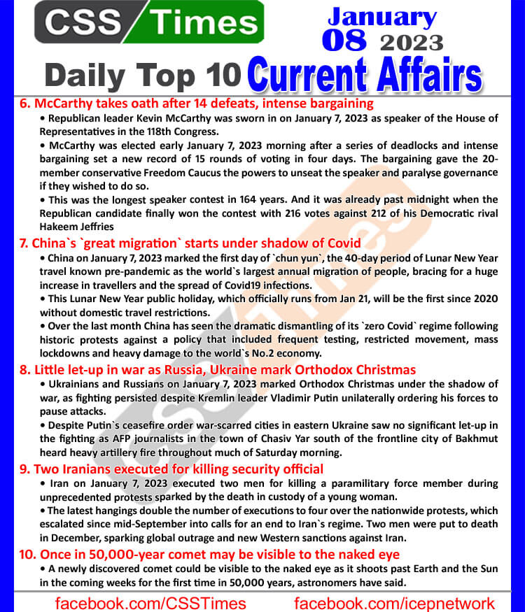 Daily Top-10 Current Affairs MCQs / News (Jan 08 2023) for CSS