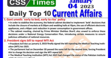 Daily Top-10 Current Affairs MCQs / News (Jan 04 2023) for CSS