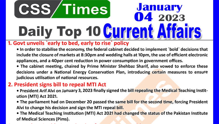 Daily Top-10 Current Affairs MCQs / News (Jan 04 2023) for CSS