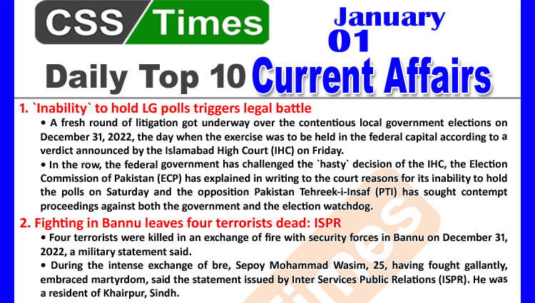 Daily Top-10 Current Affairs MCQs / News (Jan 01 2022) for CSS