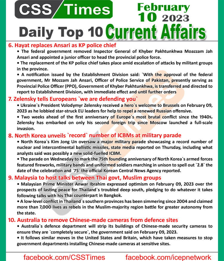 Daily Top-10 Current Affairs MCQs / News (Feb 10 2023) for CSS