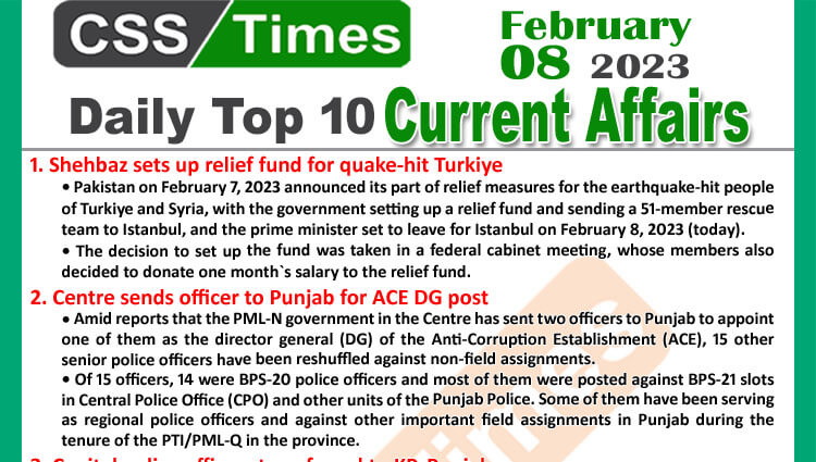 Daily Top-10 Current Affairs MCQs / News (Feb 08 2023) for CSS