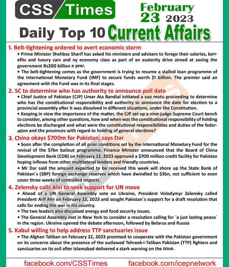 Daily Top-10 Current Affairs MCQs / News (Feb 23 2023) for CSS