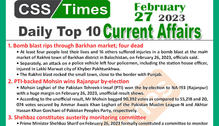 Daily Top-10 Current Affairs MCQs / News (Feb 27 2023) for CSS
