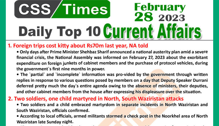 Daily Top-10 Current Affairs MCQs / News (Feb 28 2023) for CSS