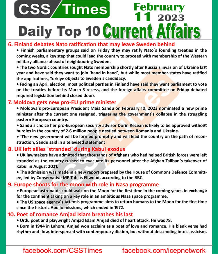 Daily Top-10 Current Affairs MCQs / News (Feb 11 2023) for CSS