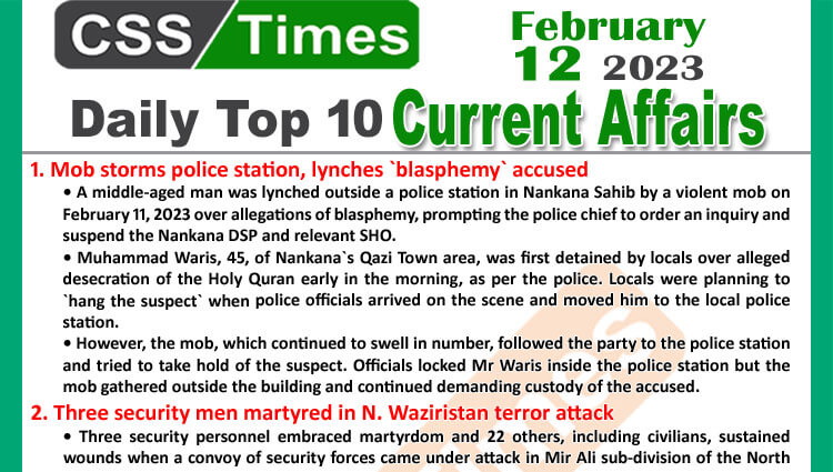 Daily Top-10 Current Affairs MCQs / News (Feb 12 2023) for CSS