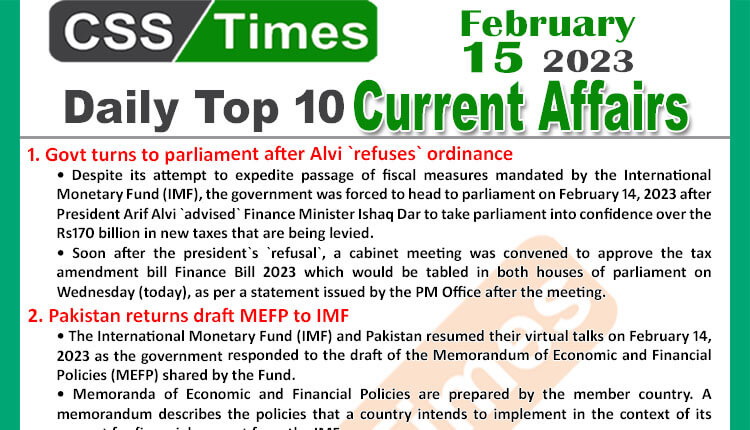 Daily Top-10 Current Affairs MCQs / News (Feb 15 2023) for CSS