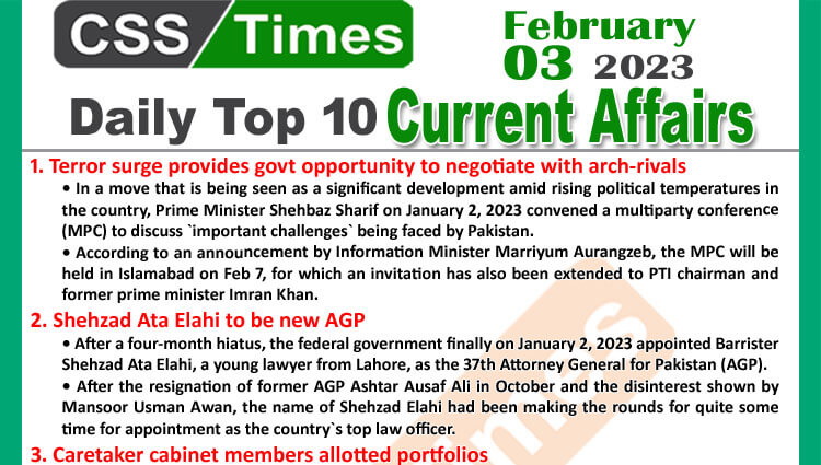 Daily Top-10 Current Affairs MCQs / News (Feb 03 2023) for CSS