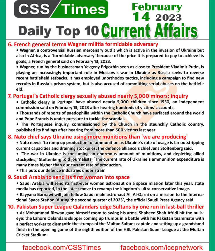 Daily Top-10 Current Affairs MCQs / News (Feb 13 2023) for CSS