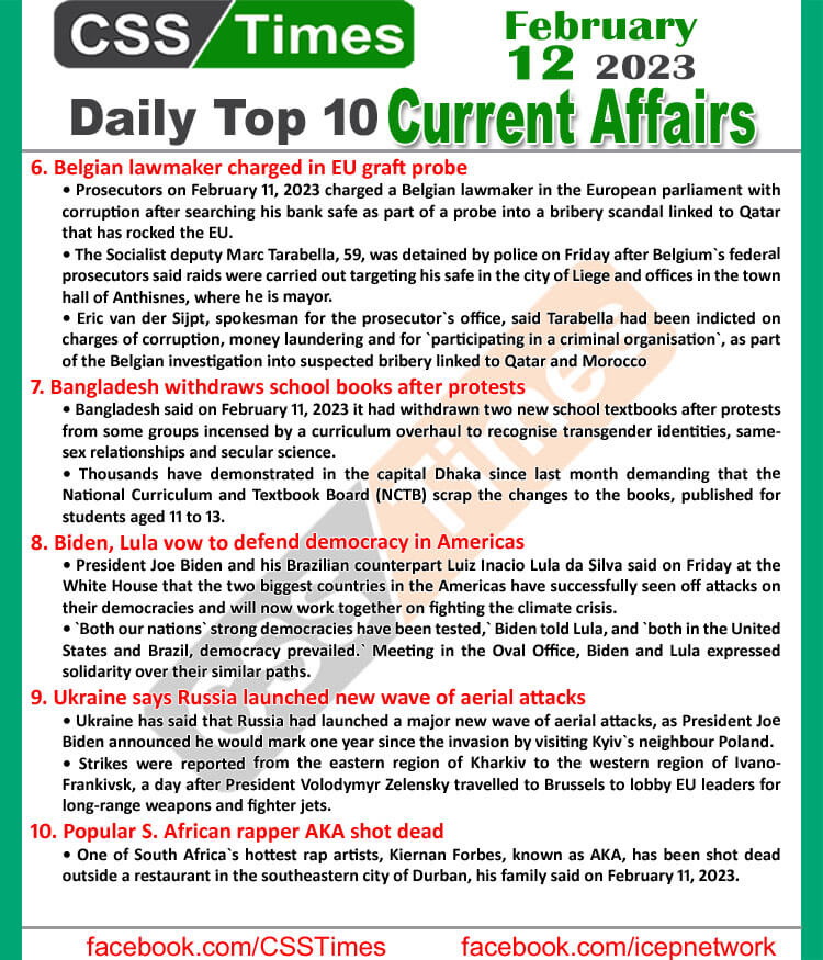 Daily Top-10 Current Affairs MCQs / News (Feb 12 2023) for CSS