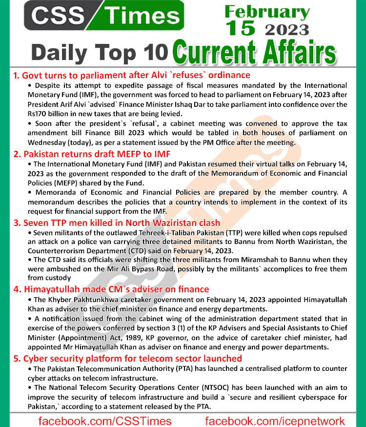 Daily Top-10 Current Affairs MCQs / News (Feb 15 2023) for CSS
