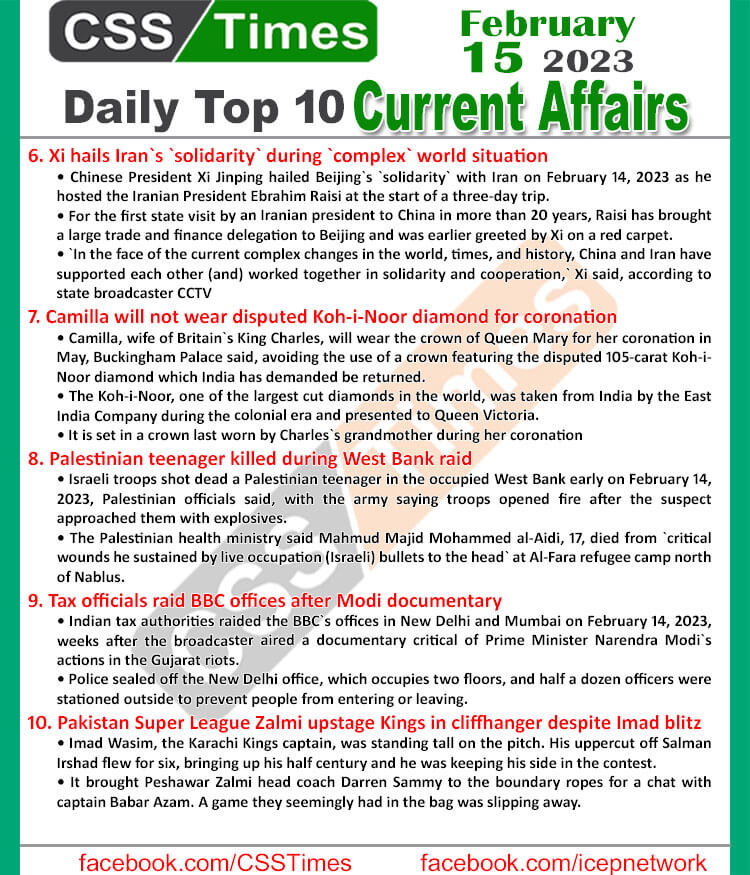 Daily Top-10 Current Affairs MCQs / News (Feb 15 2023) for CSS