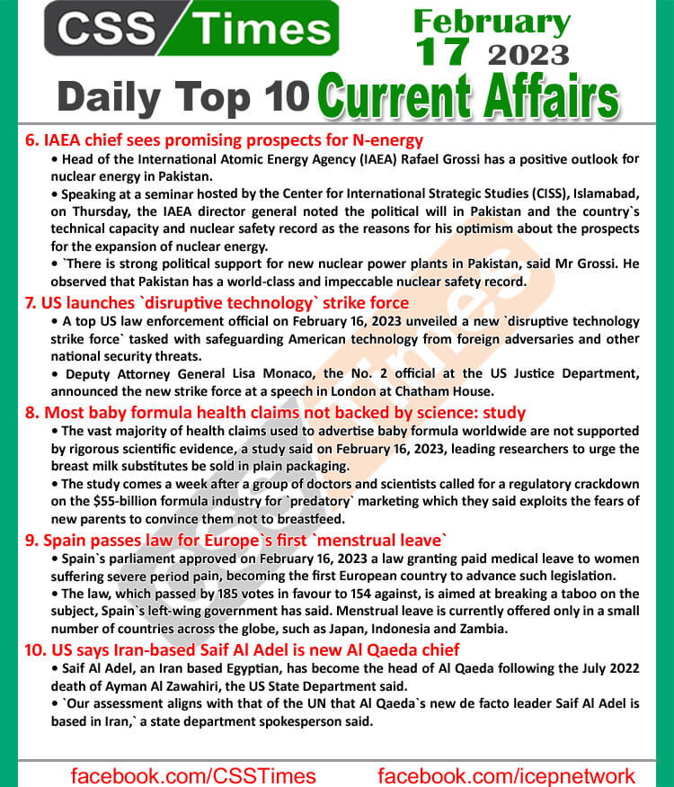 Daily Top-10 Current Affairs MCQs / News (Feb 17 2023) for CSS