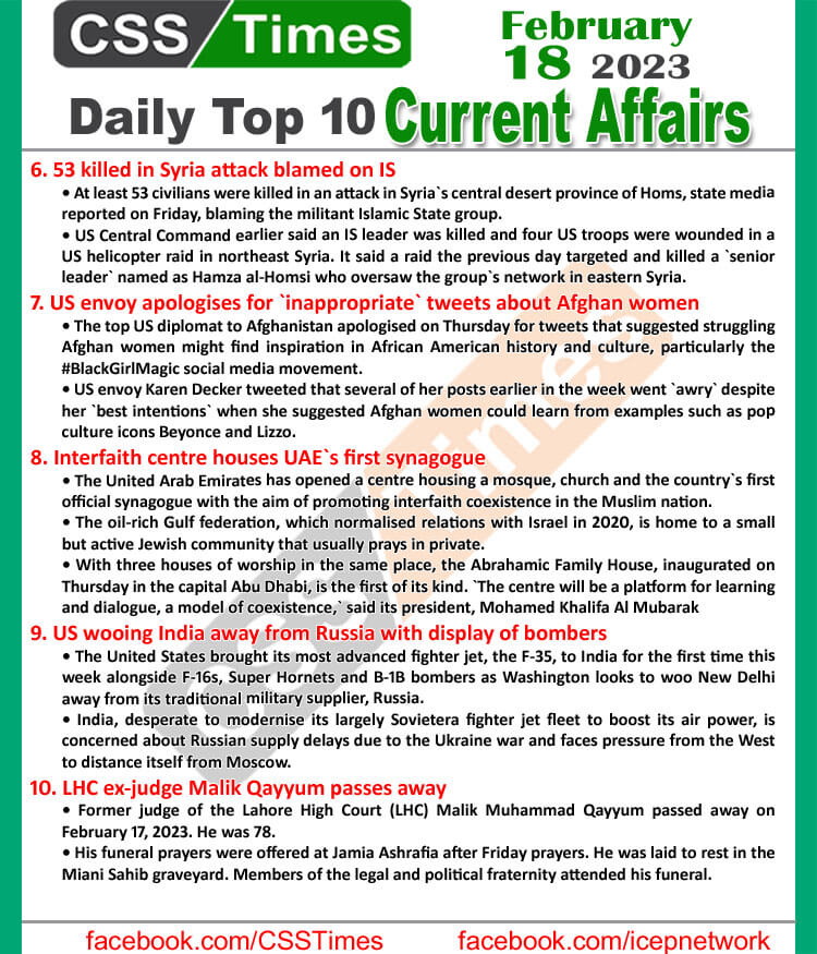 Daily Top-10 Current Affairs MCQs / News (Feb 18 2023) for CSS