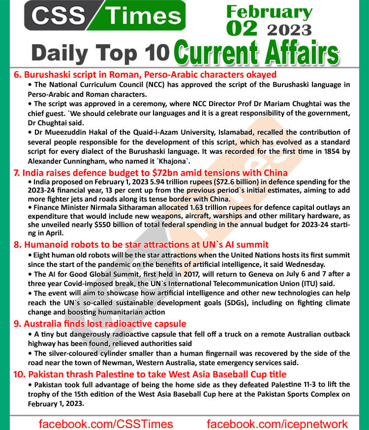 Daily Top-10 Current Affairs MCQs / News (Feb 02 2023) for CSS