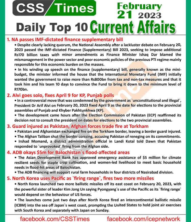 Daily Top-10 Current Affairs MCQs / News (Feb 21 2023) for CSS