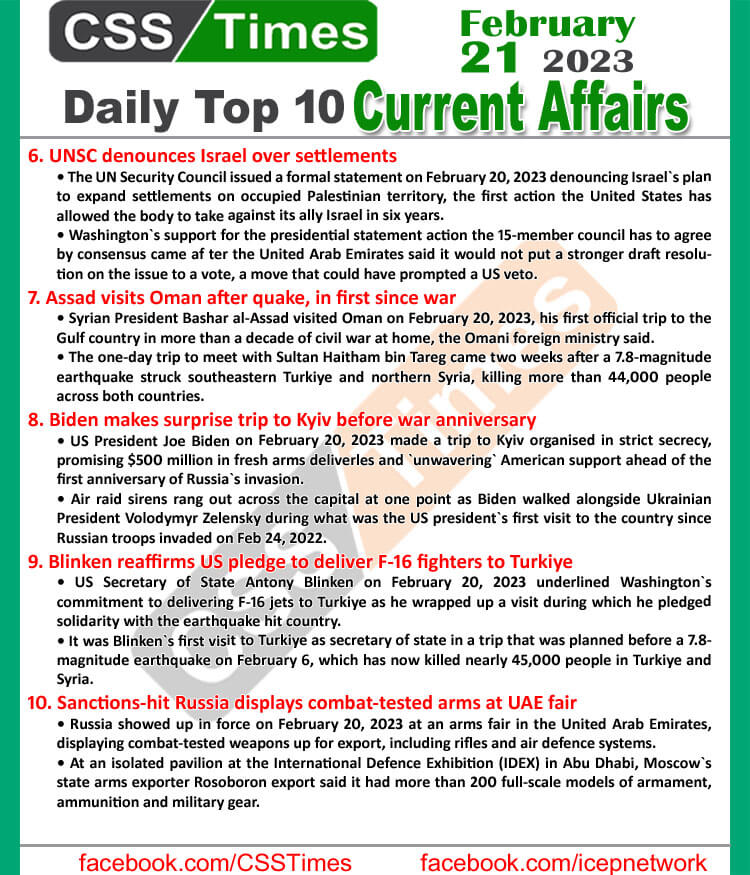 Daily Top-10 Current Affairs MCQs / News (Feb 21 2023) for CSS