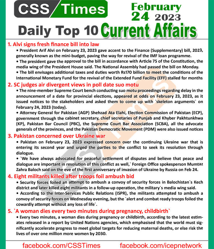 Daily Top-10 Current Affairs MCQs / News (Feb 24 2023) for CSS