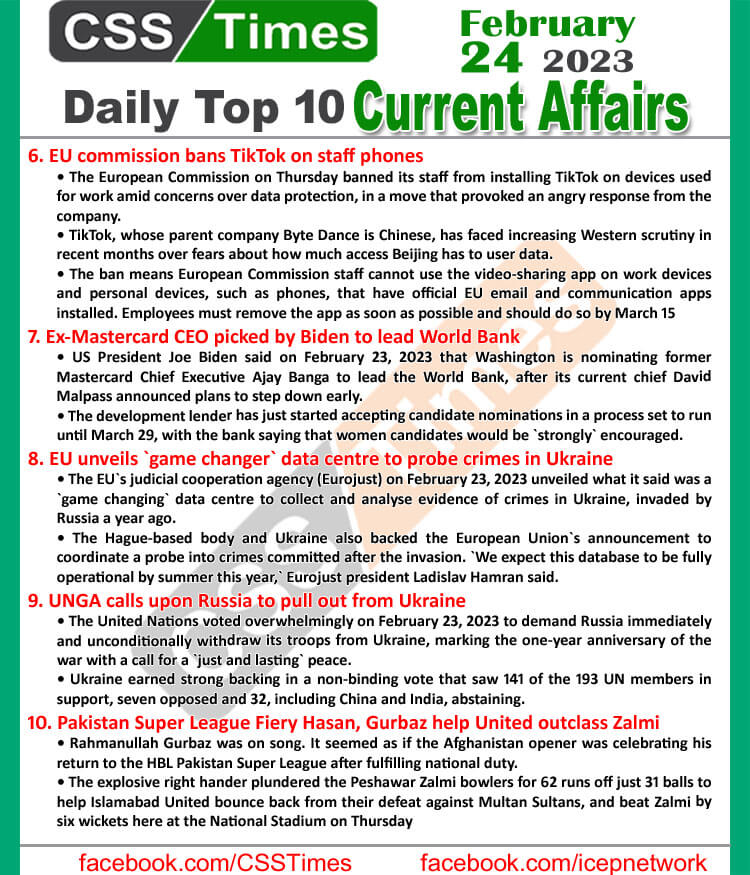 Daily Top-10 Current Affairs MCQs / News (Feb 24 2023) for CSS