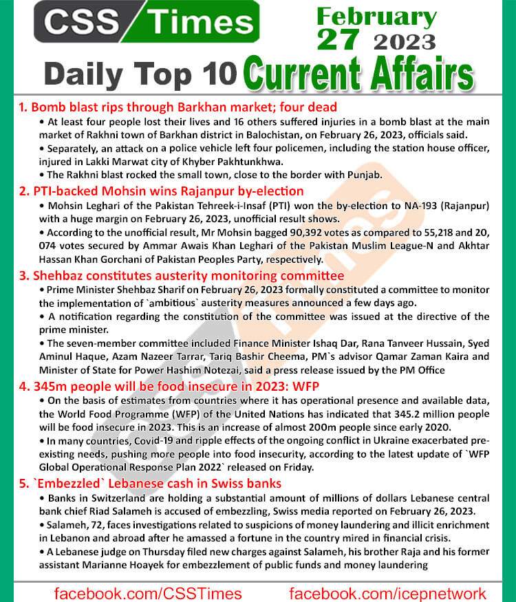 Daily Top-10 Current Affairs MCQs / News (Feb 27 2023) for CSS