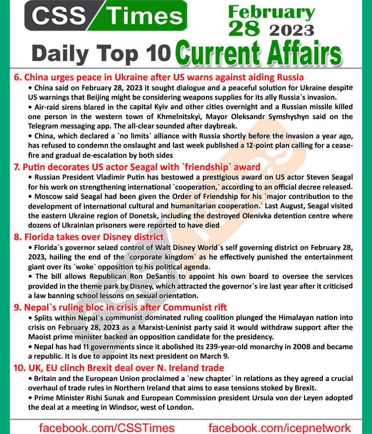 Daily Top-10 Current Affairs MCQs / News (Feb 28 2023) for CSS