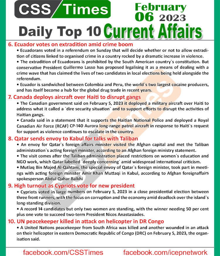 Daily Top-10 Current Affairs MCQs / News (Feb 06 2023) for CSS