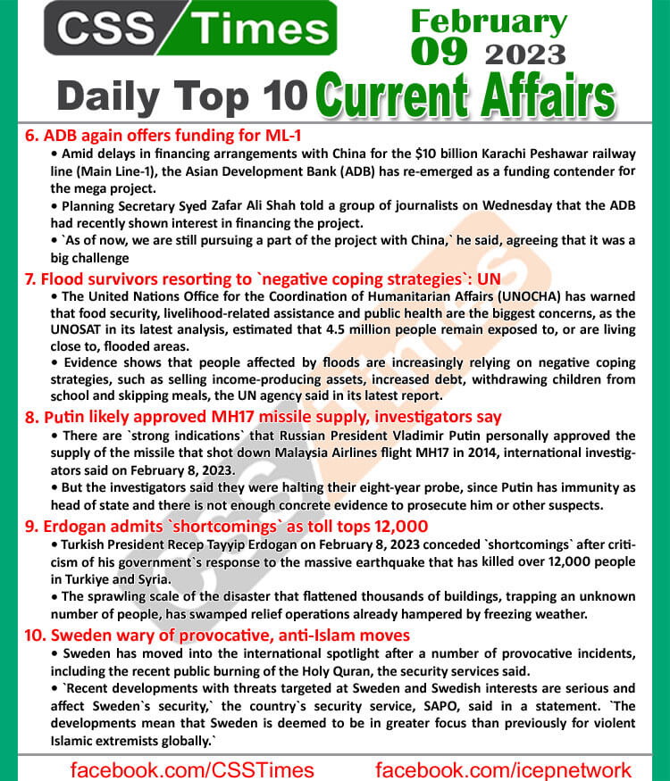 Daily Top-10 Current Affairs MCQs / News (Feb 09 2023) for CSS