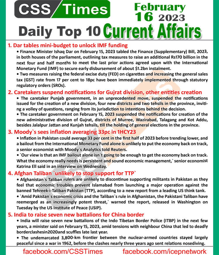 Daily Top-10 Current Affairs MCQs / News (Feb 16 2023) for CSS