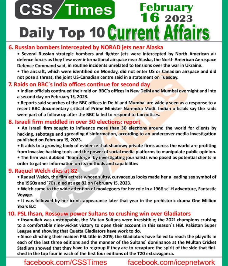 Daily Top-10 Current Affairs MCQs / News (Feb 16 2023) for CSS