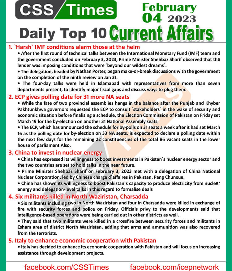 Daily Top-10 Current Affairs MCQs / News (Feb 04 2023) for CSS