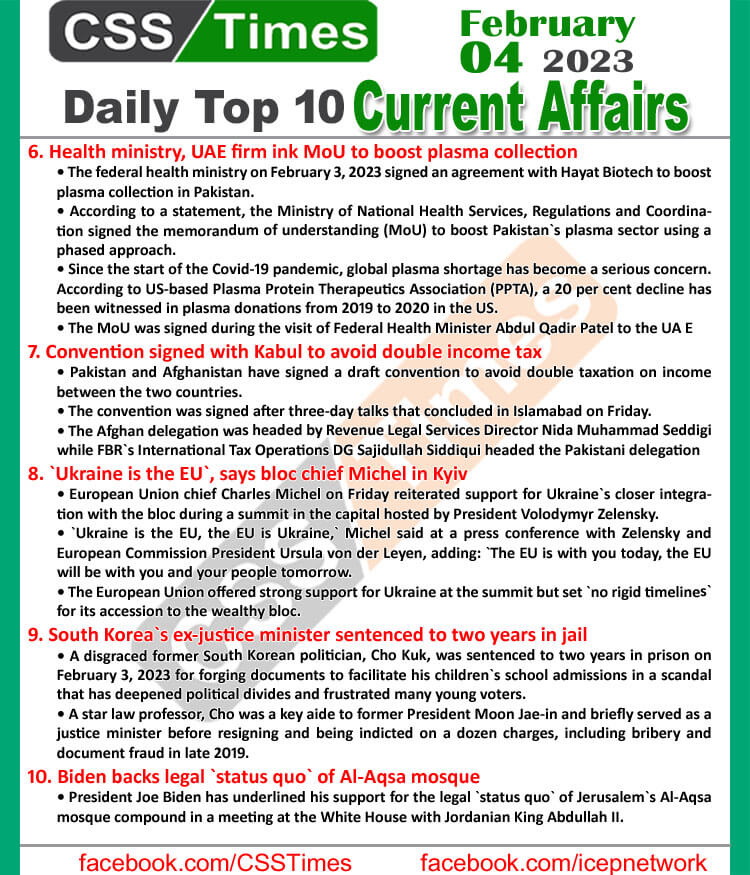 Daily Top-10 Current Affairs MCQs / News (Feb 04 2023) for CSS