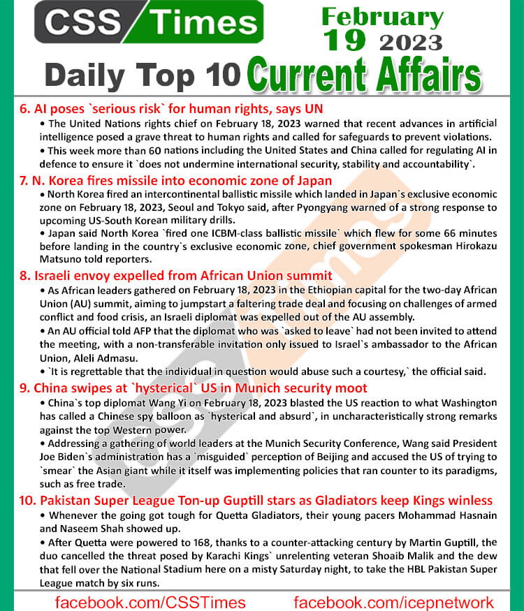 Daily Top-10 Current Affairs MCQs / News (Feb 19 2023) for CSS