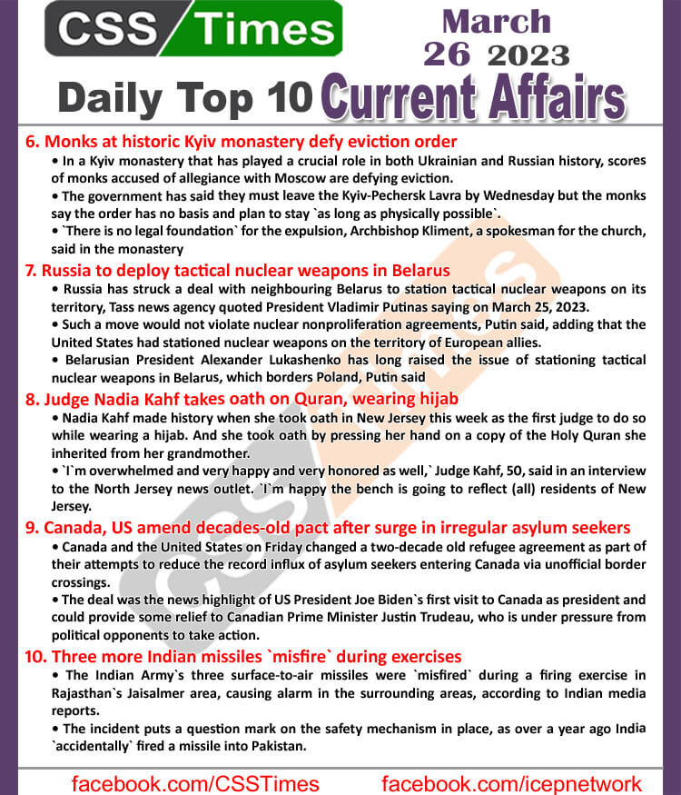 Daily Top-10 Current Affairs MCQs / News (March 26 2023) for CSS