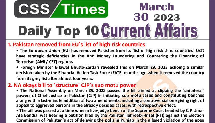 Daily Top-10 Current Affairs MCQs / News (March 30 2023) for CSS