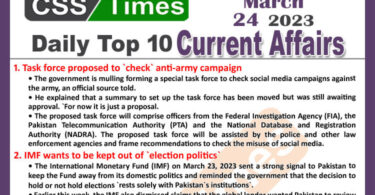 Daily Top-10 Current Affairs MCQs / News (March 24 2023) for CSS