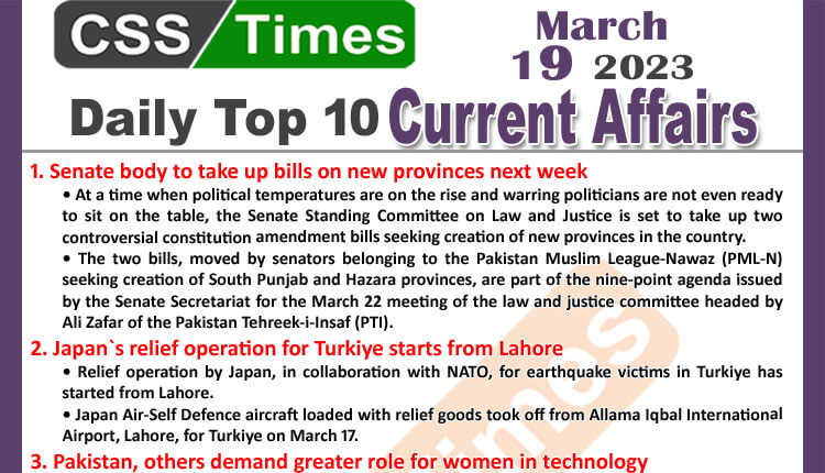 Daily Top-10 Current Affairs MCQs / News (March 19 2023) for CSS
