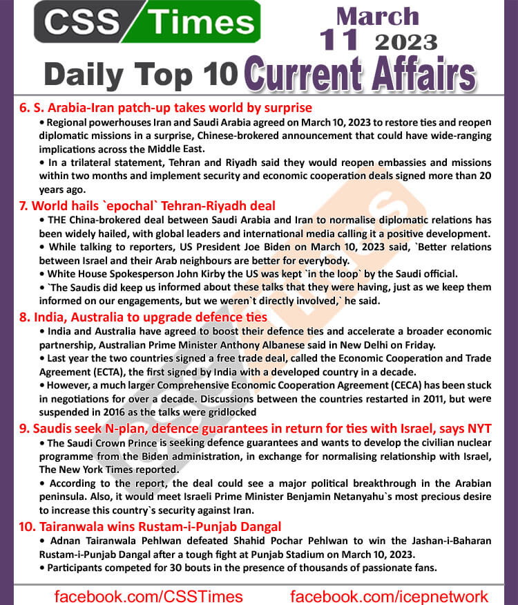 Daily Top-10 Current Affairs MCQs / News (March 11 2023) for CSS