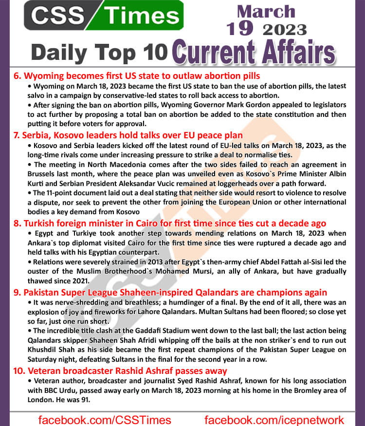 Daily Top-10 Current Affairs MCQs / News (March 19 2023) for CSS