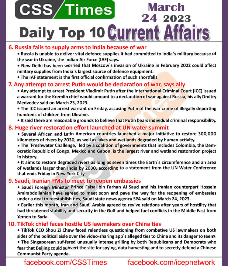 Daily Top-10 Current Affairs MCQs / News (March 24 2023) for CSS